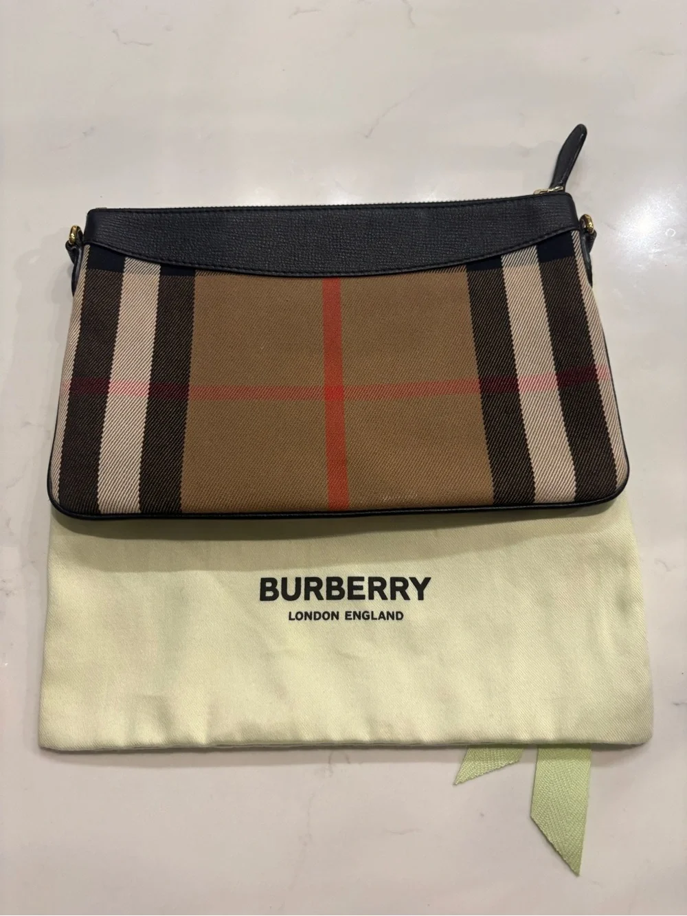 Authentic Burberry Tan Vintage Check Messenger Bag with Black Trim